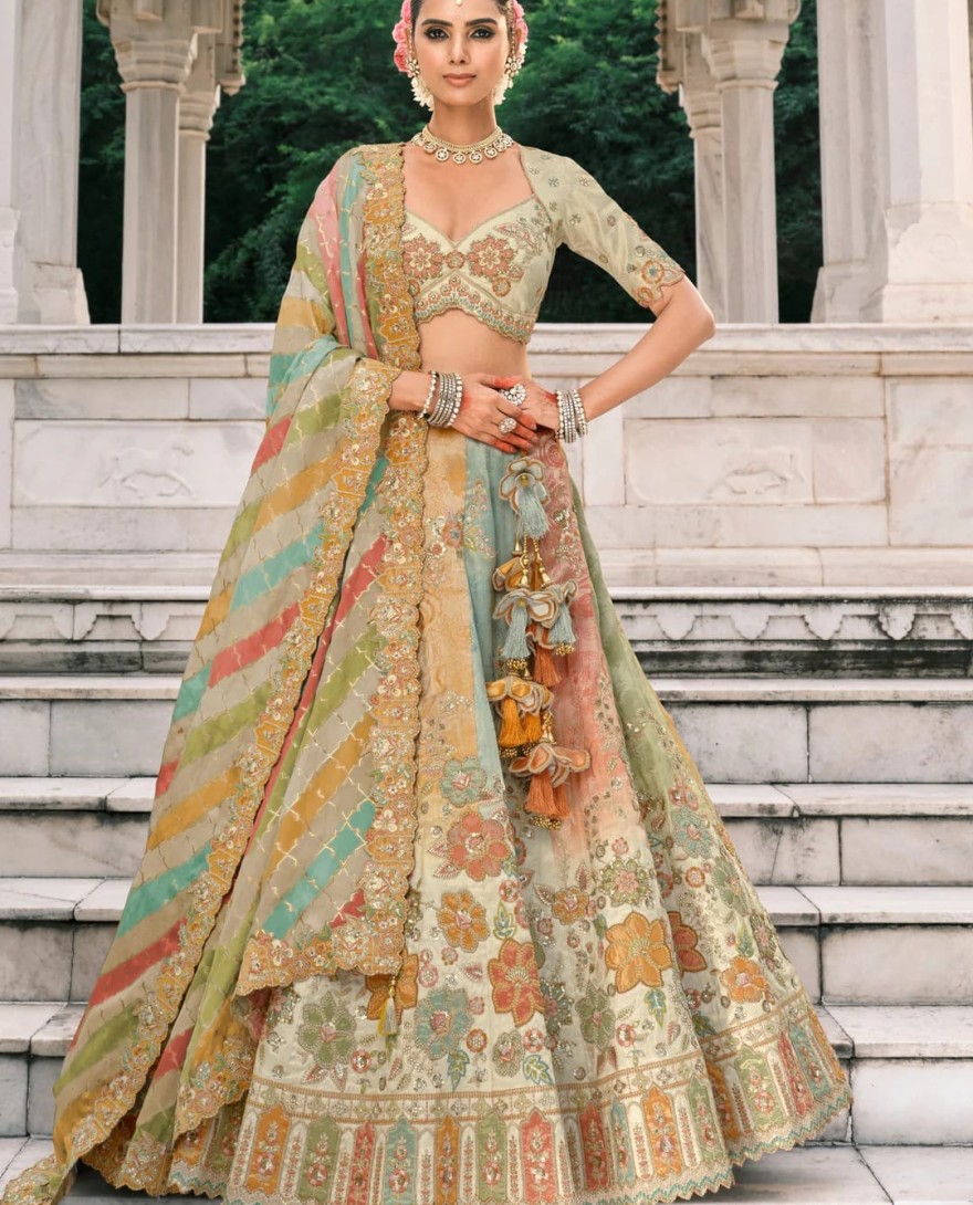 PASTELPINK - Pastel Pink Fancy Silk Lehenga Choli With Cut Work Embroidery Border & Stone Work